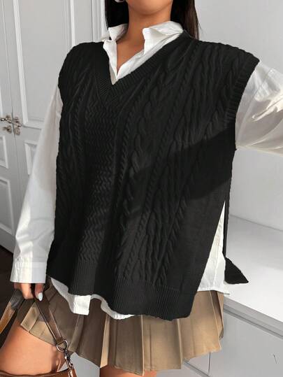 Vibekara 大码女式休闲 V 领无袖宽松套头毛衣背心，纯色，百搭，适合日常穿着，秋冬