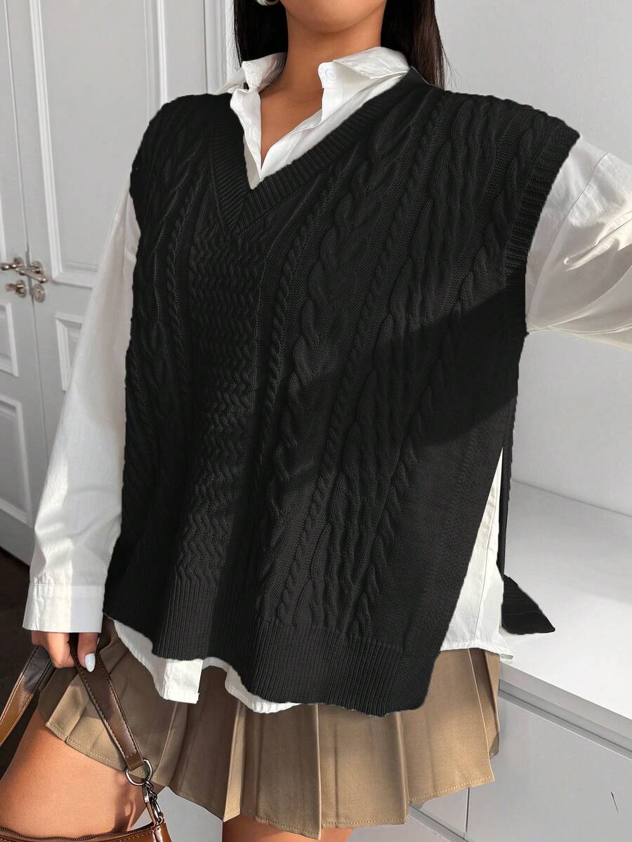 Vibekara 大码女式休闲 V 领无袖宽松套头毛衣背心，纯色，百搭，适合日常穿着，秋冬 - 黑色 - 查看 1