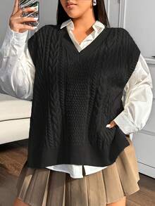 Vibekara 大码女式休闲 V 领无袖宽松套头毛衣背心，纯色，百搭，适合日常穿着，秋冬 - 黑色 - 查看 3
