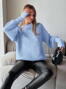 EURMUSE Women's Solid Color Crew Neck Casual Pullover Sweater,Jumper,Cream Jumper,Jumpers,Black Jumper,Womens Jumper,White Jumper,Women's Jumper,Women's Jumpers,Winter Clothes - Blue - View 3