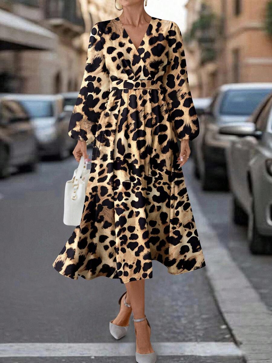 SHEIN Clasi 女士长款豹纹连衣裙,适合秋冬季通勤、外出、聚会 - 彩色 - 查看 1