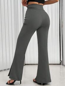 Chiquease Solid Color Front Button Flare Leg Elegant Split Hem Pants - Dark Grey - View 2