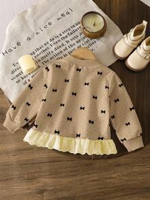 SHEIN Baby Girl Fashionable Embroidered Ruffle Hem Polka Dot Bow Print Sweatshirt Fall Winter