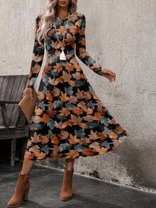 EMERY ROSE Women's Autumn/Winter Atmospheric Maple Leaf & Fallen Leaves Retro Print Long Dress, Suitable For Outings, Street Style, Dates, Chic - Multicolor - View 7