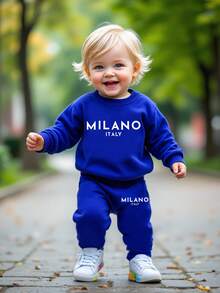 2 件套男婴休闲简约字母图案印花圆领运动衫和慢跑裤套装婴儿运动服 MILANO 运动衫套装 - 寶藍色 - 查看 3