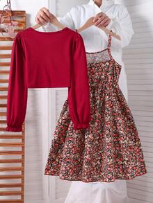SHEIN Set de 2 piezas: Chaqueta de punto acanalado casual con decoración de lazo y vestido deslizante minimalista estampado, para primavera/otoño - Burdeos - Ver 2