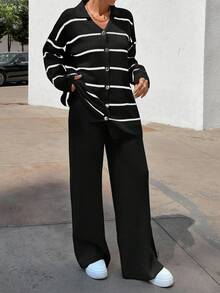 EURMUSE Women Striped Sweater Cardigan And Pant Set - Black - View 7