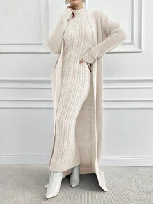 EURMUSE Women 2pcs Set Consisting Of Solid Color Long Sleeve Cardigan And Sleeveless Stand Collar Maxi Sweater Dress, Elegant For Autumn/Winter - White - View 6
