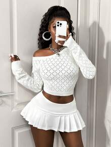 Sirith Women's Autumn/Winter New Oblique Shoulder Fuzzy Argyle Knit Pullover Sweater - White - View 4