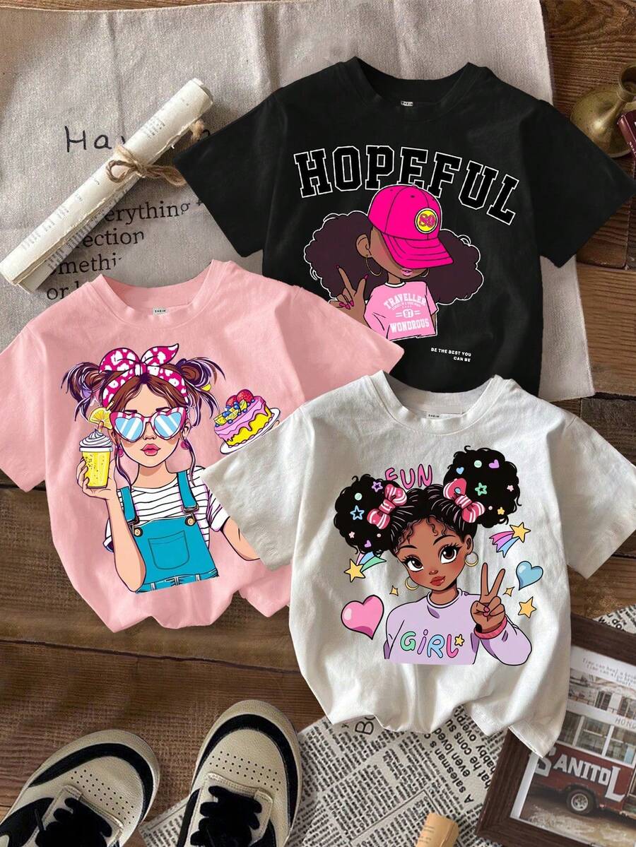 SHEIN Leap Crew 3pcs/Set Tween Girls' Simple Cute Cartoon Girl Print Multi-Pack White, Black, Pink Short Sleeve Round Neck T-Shirts, Suitable For Summer Back-To-School Clothes, Girls' T-Shirts, Pink T-Shirt, Cute T-Shirts, Tween Girl Clothes, Birthday Girl - Multicolor - View 1
