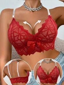 SHEIN Elacene 1件圣诞蕾丝无钢圈文胸女士内衣 - 紅色 - 查看 5