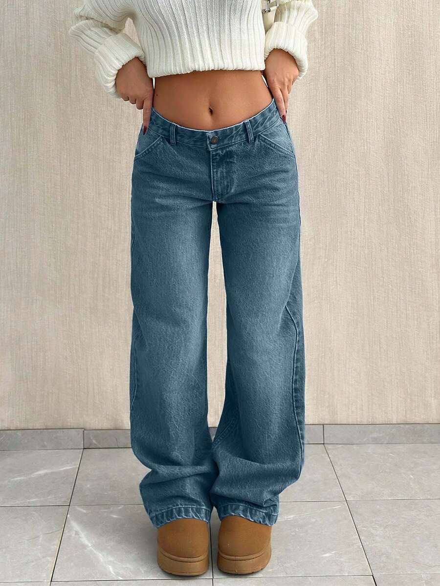 EURMUSE BLACK LOW WAIST BAGGY LOOSE STRAIGHT LEG JEAN - Dusty Blue - View 1