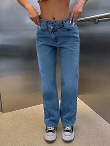 CasuGlow 100% Cotton HIGH RISE ASYMMETRIC BELT STRAIGHT CUT JEAN - Blue - View 5