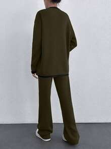 EURMUSE Women 2pcs Set Contrast Color Long Sleeve Button Cardigan And Long Knitted Pants, Casual,Petite,Winter Clothes - Army Green - View 2