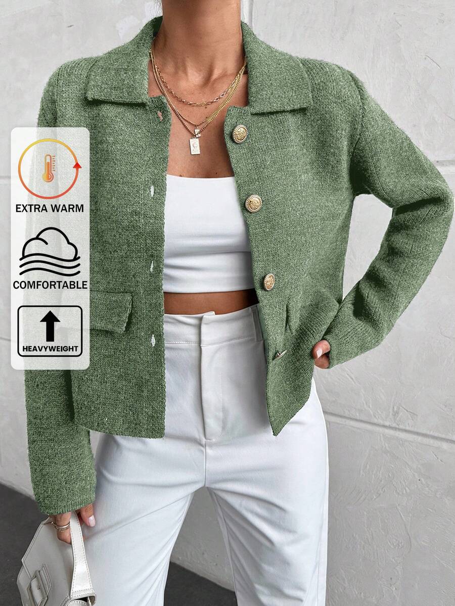 EURMUSE 纯色前扣优雅长袖开衫