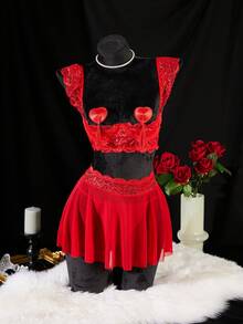 SpicyHot 5 件性感蕾丝拼布钢圈文胸短款上衣、高腰透视百褶迷你裙、低腰丁字裤女士内衣套装 - 紅色 - 查看 5