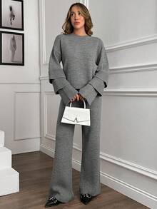 EURMUSE WOMEN Grey Ruffle Sleeve Knit Sweater And High-Waisted Pants Set - Elegant 2 Pieces Outfit With Round Neck And Long Sleeves,Petite Co Ord,Co Ord,Petite,Winter Clothes - Grey - View 8