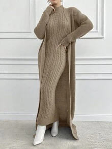 EURMUSE Women Cable Knit Sweater Dress And Cardigan Set, Casual Daily Wear Autumn/Winter - Camel - View 6