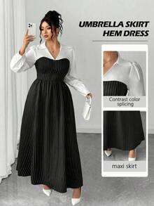 Elenzga 女式优雅修身 V 领长袖条纹拼接 A 字连衣裙，加大码，秋冬 - 黑色 - 查看 1