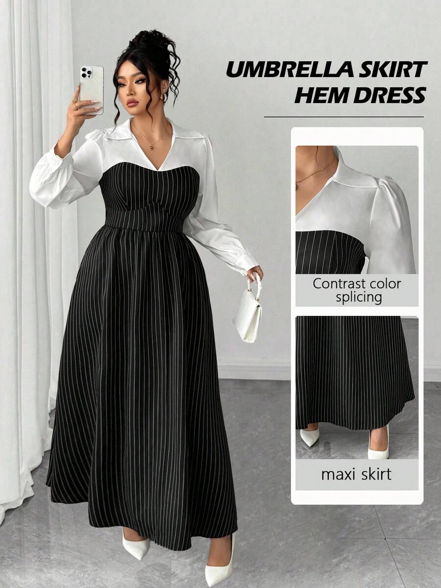 Elenzga 女式优雅修身 V 领长袖条纹拼接 A 字连衣裙，加大码，秋冬 - 黑色 - 查看 1