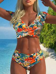 Swim Lushoire Trang phục mùa hè cho nữ Bộ bikini đi biển họa tiết nhiệt đới viền bèo nhún - Nhiều màu - Xem 4
