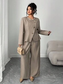 Elenzga 2pcs Plus Size Women Elegant Shell Ribbon Decor Round Neck Button Long Sleeve Jacket And Straight Leg Casual Pants Set - Khaki - View 3
