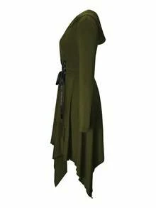 EMERY ROSE Váy dệt kim đơn giản, eo bó, tay dài, viền bất đối xứng, có mũ trùm đầu, màu trơn - xanh quân đội - Xem 3