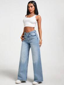 EURMUSE PETITE LOW WAIST SNOW WASH STRAIGHT JEAN Crop Tops Y2k White Crop Tops White Crop Top Women White Y2k Top Jean Crop Top - Medium Wash - View 3