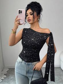 Selianne 女士黑色金属面料高档设计不对称肩部无袖单侧系带修身上衣，优雅时尚，适合生日、约会、派对、音乐节、舞会、独立日、网络星期一、万圣节、光棍节、返校派对、平安夜、感恩节、圣诞节、排灯节、秋季等场合。 - 黑色 - 查看 3