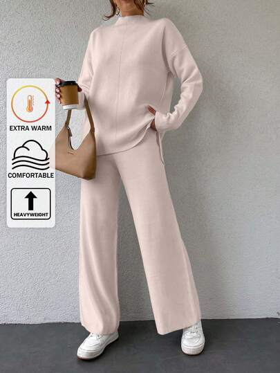 EURMUSE Women Casual Solid Color Stand Collar Loose Sweater And Wide Leg Pants 2 Pieces Set,Petite,Winter Clothes