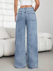 Jeanoix 女士低腰休闲牛仔裤，新款时尚小众心形刺绣印花直筒宽松裤，四季皆宜 - 中等水洗藍 - 查看 2