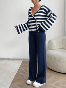 EURMUSE Women Stripe Pattern Front Button V-Neck Drop Shoulder Cardigan & Sweater Pants Set - Navy Blue - View 6