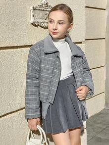 Girls' Retro Gray Oversized Collar Loose Short Padded Coat, Suitable For Daily Wear In Winter - Grey - View 7
