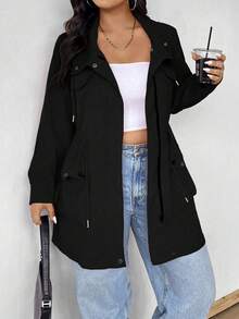 EMERY ROSE Plus Size Hooded Cinched Waist Long Sleeve Jacket With Pockets