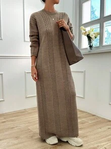 EURMUSE Cable Pattern Sweater Dress - Mocha Brown - View 6