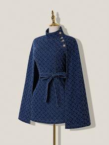 SHEIN MOD 女式新款修身立领系带牛仔斗篷夹克，适合所有季节 - 深色水洗藍 - 查看 3