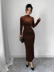 Elenzga Women Elegant Velvet Asymmetric Ruffle Split Hem Dress Burgundy Maxi Women Outfit - Coffee Brown - View 5