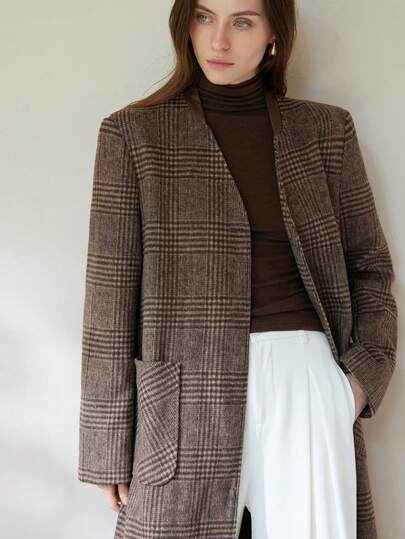 Aveloria Modichic 长款千鸟格纹单排扣V领PU装饰夹克