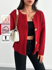 SHEIN Tall Button Detailed Loose Fit Tall Cardigan,Cardigans For Women,Long Cardigans Woman,Petite Cardigans,Cardigans - Red - View 1