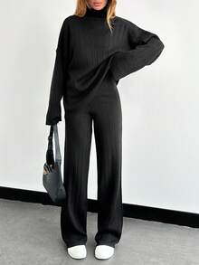 EURMUSE Solid Color Long-Sleeved Sweater And Knitted Trousers Two-Piece Set - Black - View 3