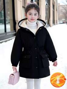 SHEIN 女童秋冬派克大衣，长款连帽风衣，大口袋，腰部抽绳，休闲通勤外套