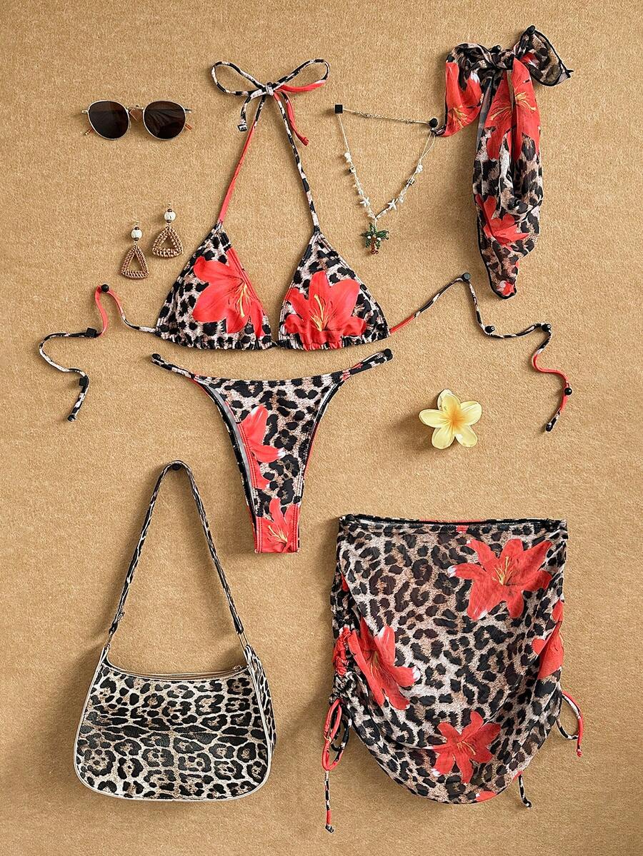 SHEIN Swim Conjunto de traje de baño para mujer del Festival de Música 2025, con patchwork de estampado de leopardo y floral