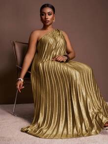 Veslaya 春夏秋季新款优雅派对、约会、毕业季、生日派对、连衣裙、聚会、婚礼季、宴会、性感、宽松无袖单肩、单侧高开衩、亮面面料、全身褶裥、大码长裙 - A - 金色 - 查看 7