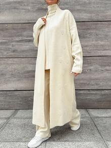 EURMUSE High Neck Knit Top and Knit Pants and Open Front Cardigan - Beige - View 3