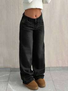 EURMUSE Quần jean ống đứng lưng thấp đơn giản, rộng rãi - màu đen - Xem 3