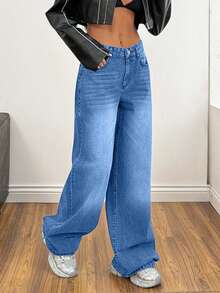 EURMUSE Low Waist Wash Detailed Wideleg Jean - Medium Wash - View 4