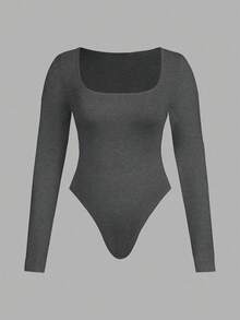 SHEIN Essnce 大码女式时尚休闲通勤商务休闲年轻商务职业内衣两件套，黑色、酒红色、锚红色多件套紧身包臀方领长袖连体衣 - 深灰色 - 查看 3