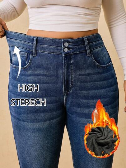 SHEIN PETITE CURVE 大码秋冬万圣节圣诞节新年感恩节通勤度假Y2K可爱街头风派对婚礼优雅商务休闲女式保暖内衬牛仔裤工作服女式口袋修身休闲百搭牛仔裤蓝色牛仔裤保暖冬季保暖内衬女式大码高弹力修身牛仔裤深色水洗修身牛仔裤寒冷天气