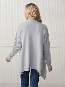 LanaWest 女士休闲日常通勤简约纯色高领落肩宽松不对称下摆套头毛衣，秋冬 - 淺灰色 - 查看 2
