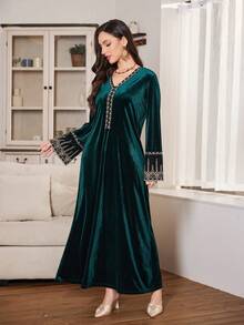 Al Najma Váy nhung dáng rộng thanh lịch thêu vàng, sang trọng, phù hợp cho những dịp trang trọng vào mùa thu/đông - Màu xanh lá cây đậm - Xem 3